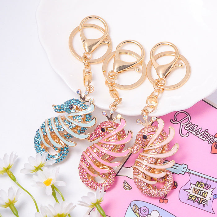 Rhinestone Striped Seahorse Keychain Gold Clasp Three Colors