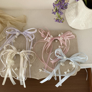 Satin Ribbon Bow Duckbill Clip With Pearl Blooms 4 Colors