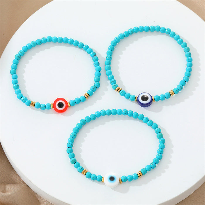 Turquoise Bead Evil Eye Stretch Bracelets in Two Colors