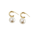 Gold C-Shape Open Hoop Pearl Drop Earrings Post Style view 5