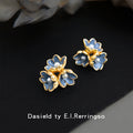 Gold Tone Blue Enamel Flower And Pearl Cluster Stud Earrings view 6