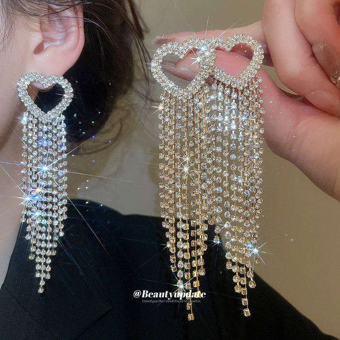 Crystal Heart Waterfall Tassel Stud Earrings Decorative Jewelry
