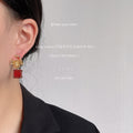 Gold Floral Drop Earrings Glass Cube Dark Green Or Wine Red view 3