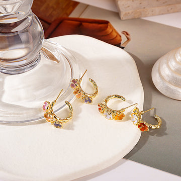 Gold C Hoop Flower Earrings Yellow White Orange Enamel