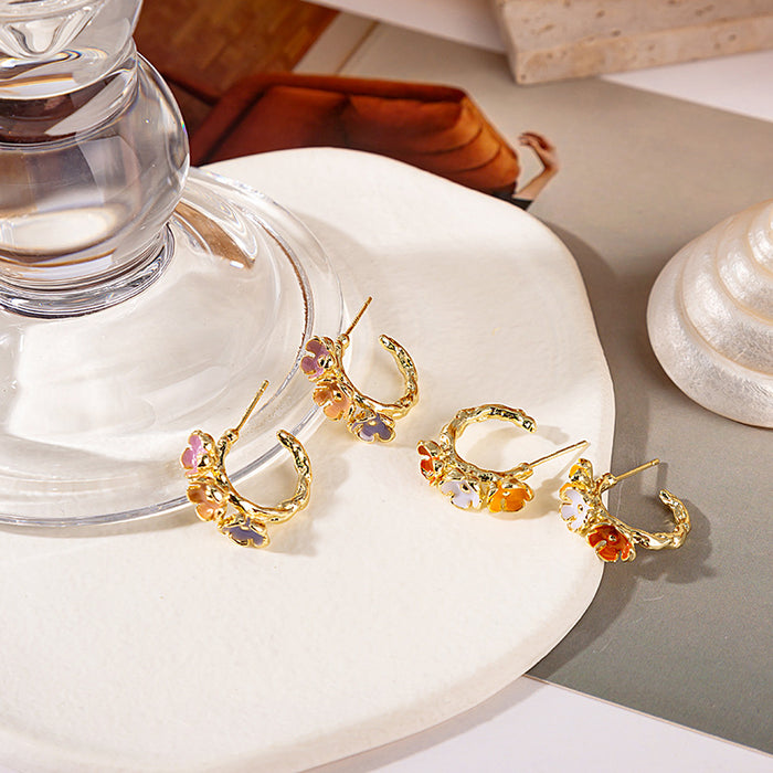 Gold C Hoop Flower Earrings Yellow White Orange Enamel