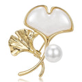 Gold Tone Ginkgo Leaf Brooch with White Inlay and Pearl Accent view 1