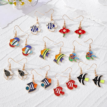 Colorful Enamel Tropical Fish Drop Earrings Gold Hooks 9 Styles