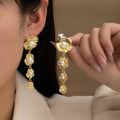 Gold and Silver Daisy Pearl Look Long Dangle Earrings view 1