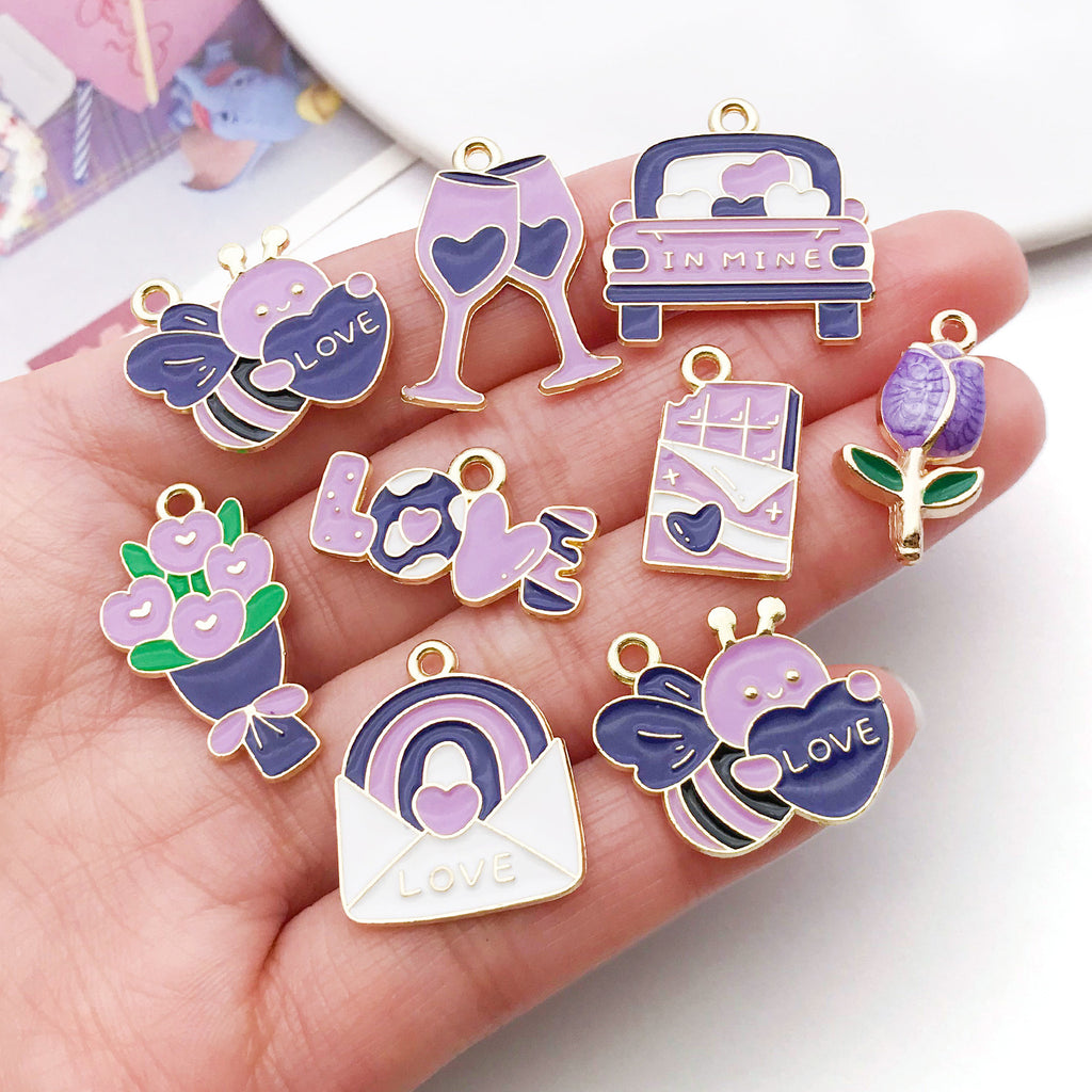 Purple Enamel Zinc Alloy LOVE Charm Pendant for DIY Valentine Bracelet Keychain Jewelry