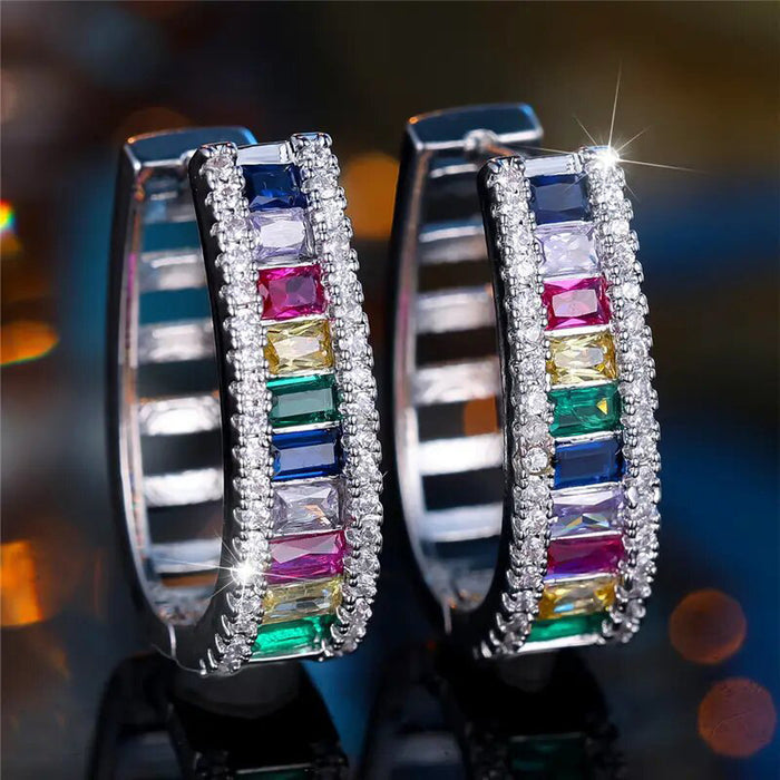 Silver Tone Multicolor Rainbow Baguette Hoop Earrings