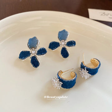 Blue Denim Effect Flower And Hoop Stud Earrings Jewelry
