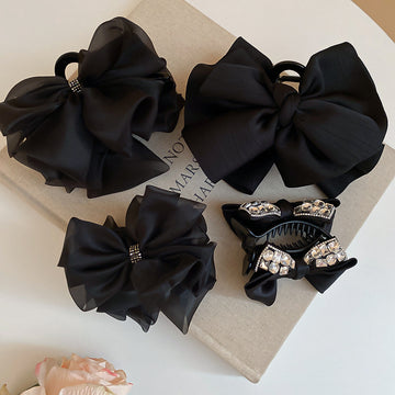Black Fabric Bow Shark Hair Claw Clip Plain Rhinestone