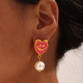 Heart Lips Enamel Drop Earrings With Pearl Dangle Charm view 3