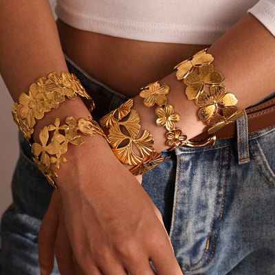 Model stacking gold hollow flower butterfly and ginkgo open cuffs