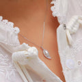 Silver Tone Clear Stone Leaf Pendant Necklace Polished Metal Jewelry view 3