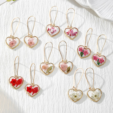 Gold Tone Heart-Shaped Pressed Flower Drop Earrings in Six Designs