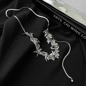 Silver Tone Wheat Spray Pendant Necklace With Sequin Drops