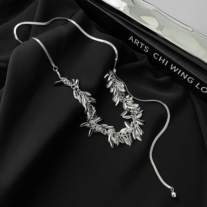 Silver Tone Wheat Spray Pendant Necklace With Sequin Drops