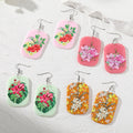 Gold Tone Rectangular Floral Print Acrylic Hook Earrings in Four Colors view 1