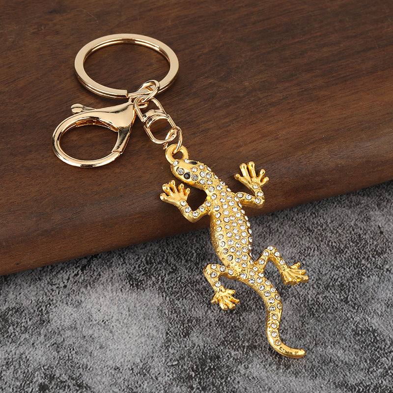 Rhinestone Gecko Lizard Keychain Flexible Silver Alloy Bag Charm