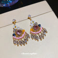 Pink Crystal Fan Drop Earrings with Beaded Fringe Statement Jewelry view 3