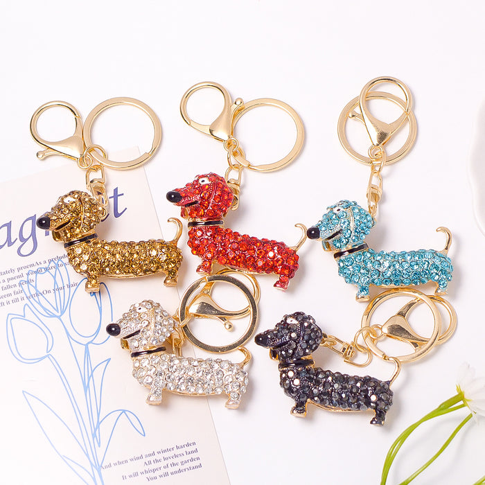 Rhinestone Dachshund Dog Keychain Gold Clasp Five Colors