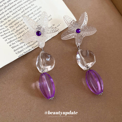 displayed product view of white starfish drop earrings