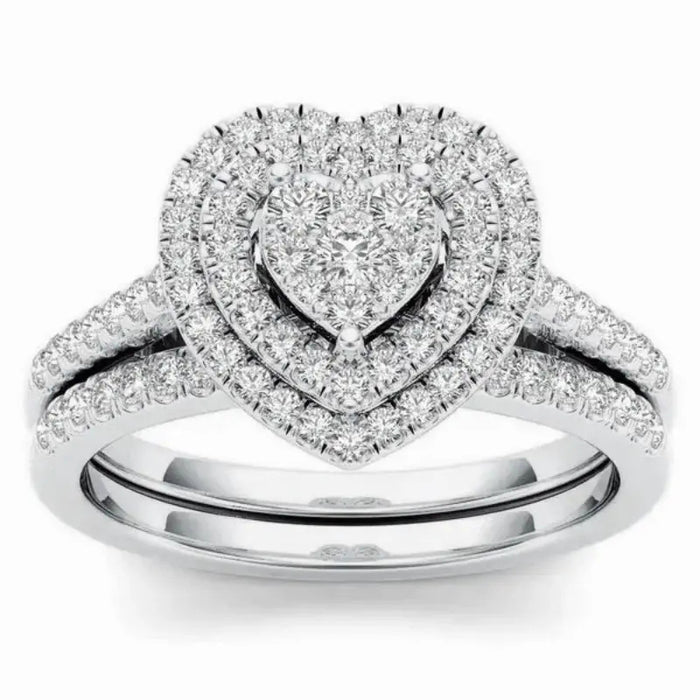 Heart Cluster Triple-Halo Two-Ring Set In Three Metal Tones