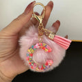 Pink Faux Fur Pompom Letter Charm Keychain with Confetti Resin view 8