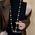 White Multi Size Pearl Bar Link Long Layer Necklace view 4