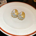 Enamel Floral Crystal C Hoop Earrings in White and Blue view 7