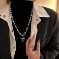 White Beaded Cross Pendant Necklace With Silver Tone Chain view 6