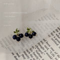 Blue Berry Cluster Stud Earrings Green Leaf Accents view 3