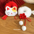 White Plush Maneki Cat Scrunchie Red Pom and Tassel view 4