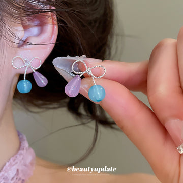 Silver Tone Blue and Purple Petal Statement Drop Earrings