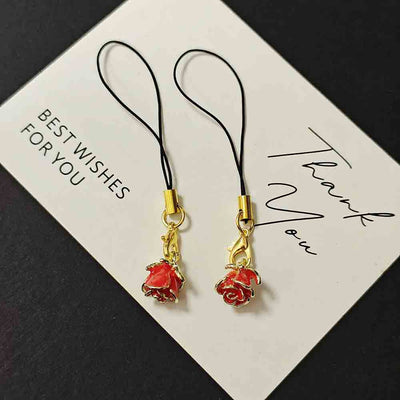 Main product view of red Rose Enamel Phone Strap Charm with Gold Tone Hardware