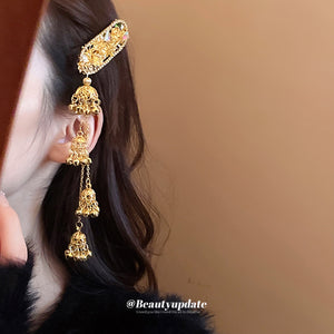 Gold Tone Floral Crystal Barrette With Three Bell Cluster Tassels