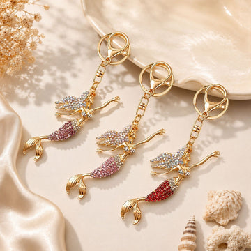 Gold Rhinestone Mermaid Keychain Metal Ocean Bag Charm