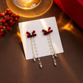 Black Velvet Bow Pearl Chain Crystal Tassel Earrings view 4