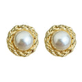 Gold-Tone Twisted Rope Frame Round Pearl Stud Earrings view 5