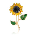 Enamel Sunflower Stem Brooch With Green Leaves and Dark Crystal Center view 5