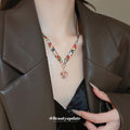 Gold Tone Multicolor Crystal Necklace And Pink Round Flower Earrings view 3