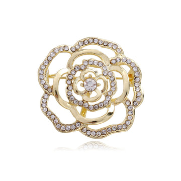 Gold Tone Openwork Camellia Crystal Metal Brooch Pin