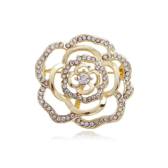 Gold Tone Openwork Camellia Crystal Metal Brooch Pin
