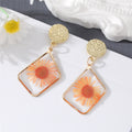 Six Design Gold Tone Geometric Resin Pressed Flower Drop Stud Earrings view 2