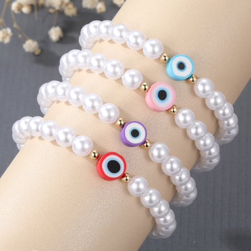 Faux Pearl Round Evil Eye Stretch Bracelets in Four Colors