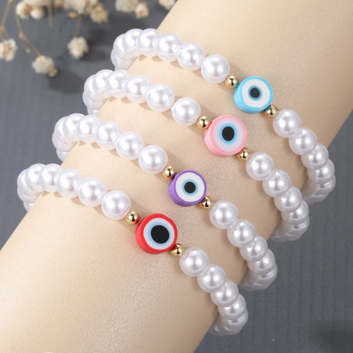 Faux Pearl Round Evil Eye Stretch Bracelets in Four Colors
