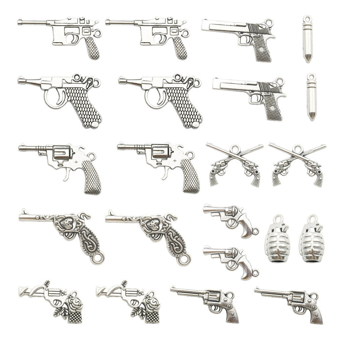 Realistic Antique Silver Gun and Bullet Metal Charms for Jewelry and Craft Projects