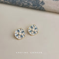 Gold Blue Cream Enamel Hexagon Floral Pattern Stud Earrings view 1