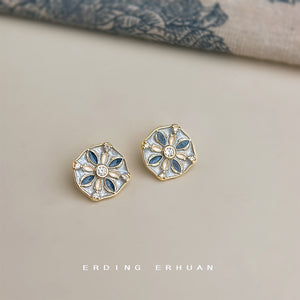 Gold Blue Cream Enamel Hexagon Floral Pattern Stud Earrings